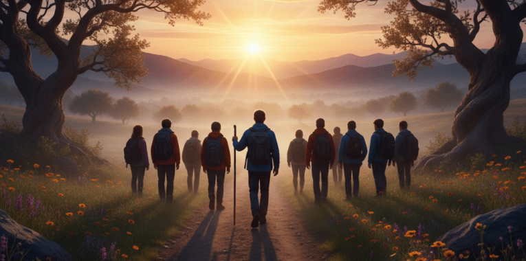 Group of hikers walking on a trail toward the rising sun in a valley.