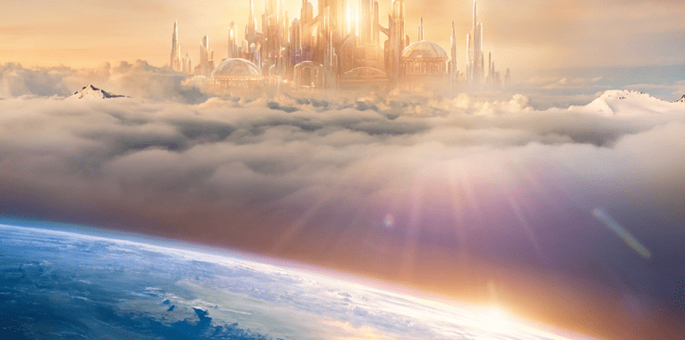 Glistening futuristic city with tall spires floating in clouds above a planet's surface.
