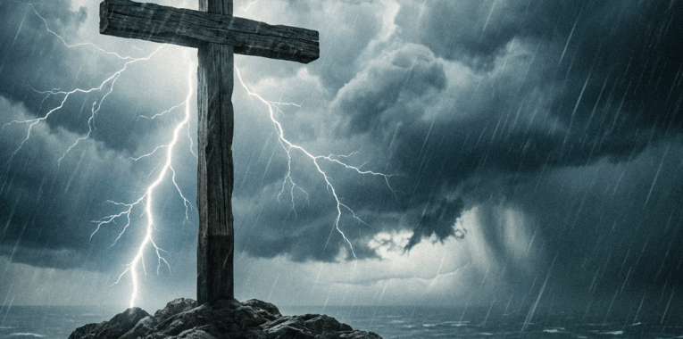 Wooden cross on a rocky cliff during a lightning storm over rough ocean waters.
