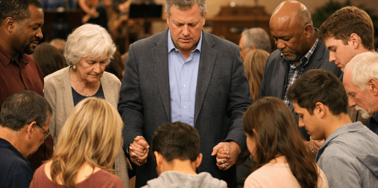 Group of diverse people holding hands in a prayer circle inside a church with a cross in the background