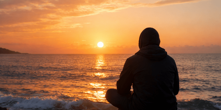 Person in hoodie sitting on rock facing ocean sunset