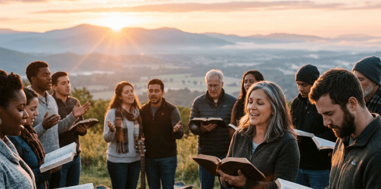 Group of people standing in a circle outdoors at sunrise reading and singing from Bibles