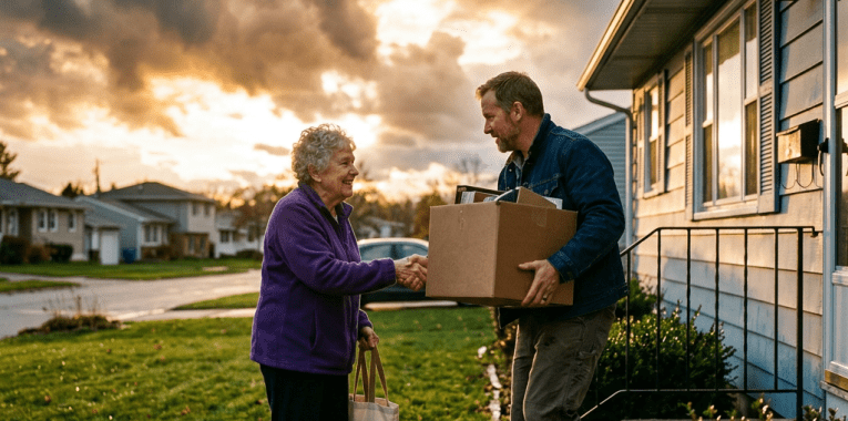 Man carrying a box shaking hands with elderly woman outside her house at sunset