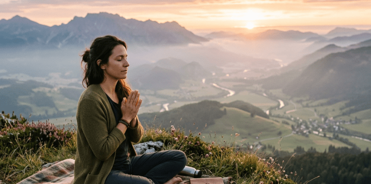 Woman sitting cross-legged on a blanket meditating on a mountain overlooking a valley at sunrise