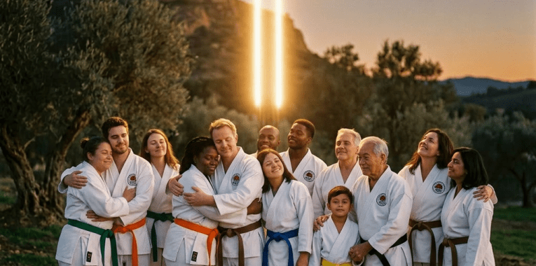 Multigenerational family standing outdoors at sunset with glowing cross behind them