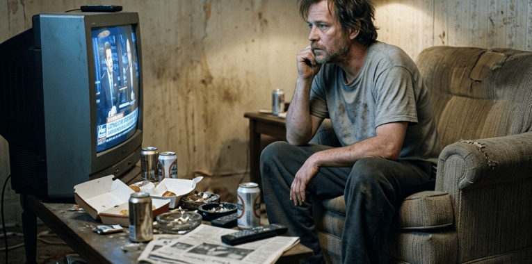 Man in stained clothes sitting on couch watching television in cluttered, dirty room