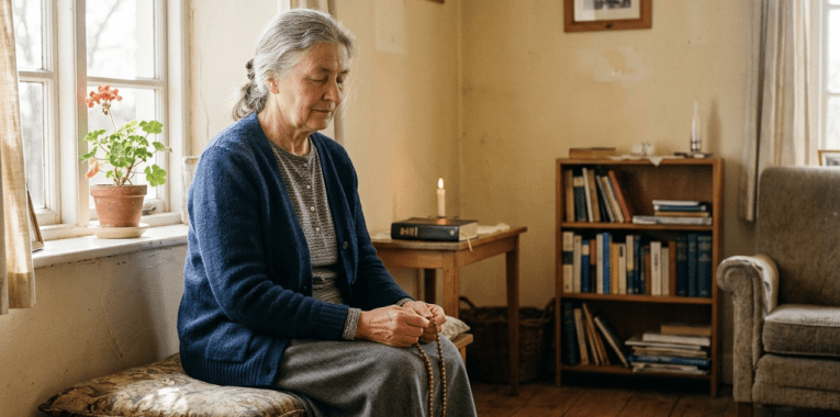 Elderly woman holding rosary beads sitting on a bench in a simple room with a candle, bookshelf, and cross on the wall