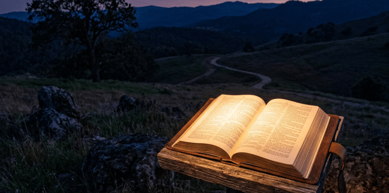 Open Bible illuminated on wooden stand outdoors at dusk with winding path and hills