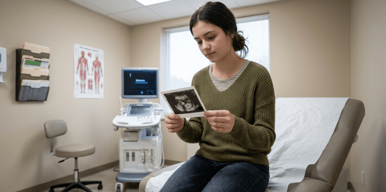 Young woman sitting on exam table looking at ultrasound image in medical office