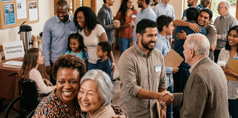 People of various ages and backgrounds warmly greeting and hugging each other at a community fellowship event