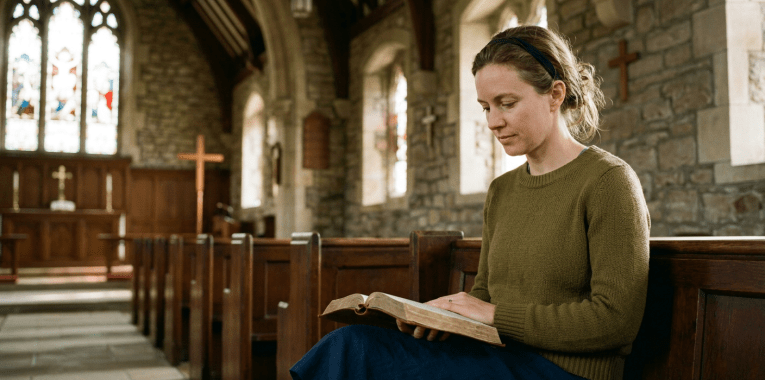 Woman reading a Bible while sitting in a wooden church pew