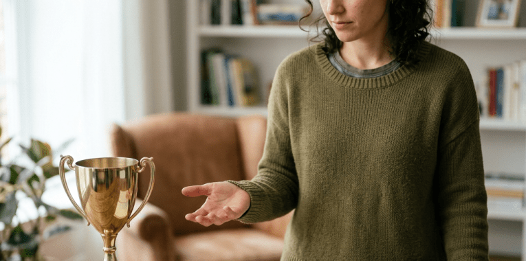 Woman looking thoughtfully at a trophy labeled achievement beside an open book