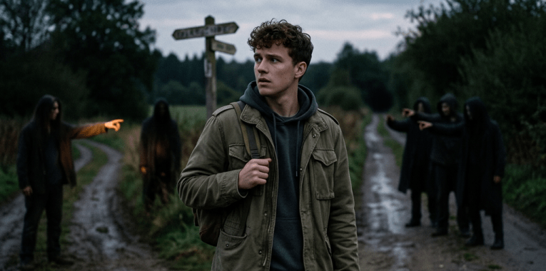 Young man standing at a rural crossroads with hooded figures pointing at him