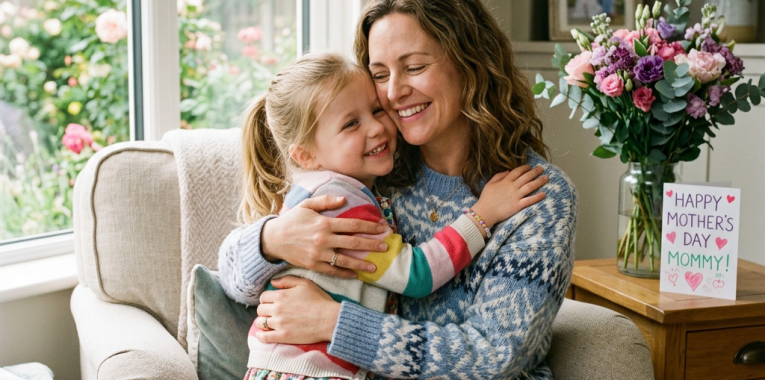 Mother and daughter hugging on a chair with a Mother's Day card and flowers nearby