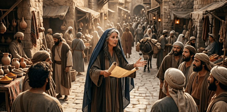 Woman reading from a scroll to a crowd in a historic market street