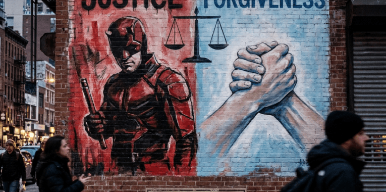 Mural showing a contrast between justice with a masked figure and scales, and forgiveness with two hands clasped