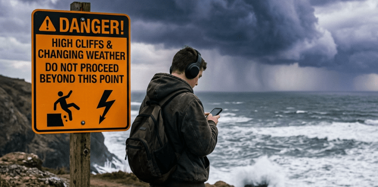 Warning sign for high cliffs and changing weather near a man with headphones by the ocean