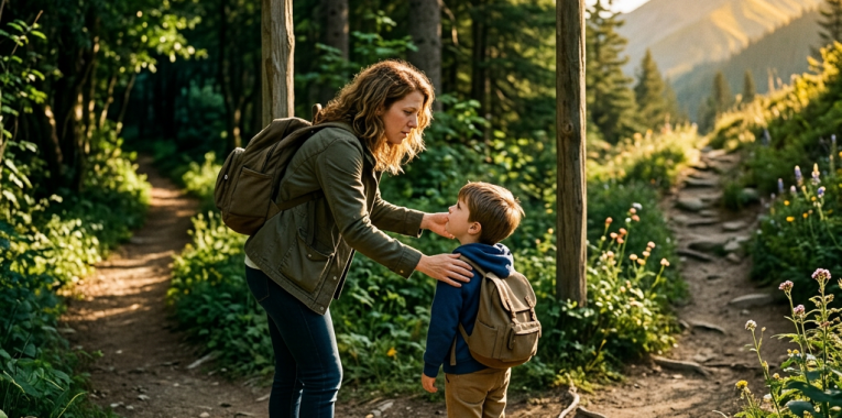 Woman talking to child at trail fork with 'Temptation' and 'Reward' signs