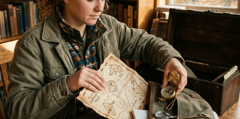 Person holding a vintage map and compass indoors