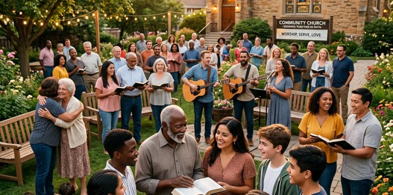 A diverse group of people singing and reading from books outdoors near a church building