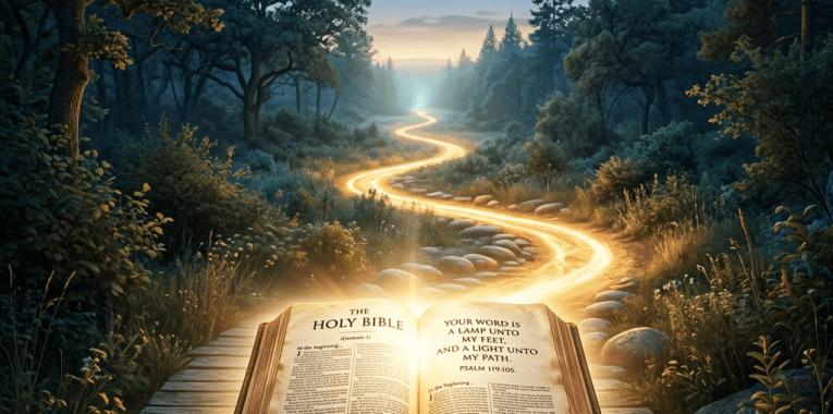 Open Bible on stone pedestal with glowing light path through forest