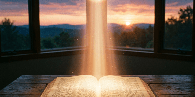 Open book on wooden table with glowing light beam and sunset outside windows