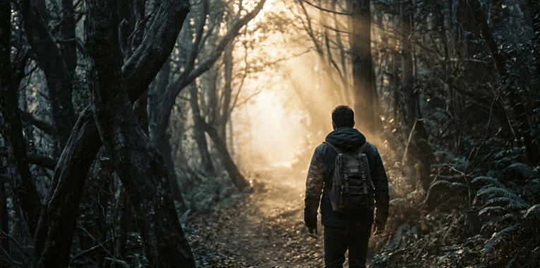 Person walking on forest trail with sunlight streaming through trees