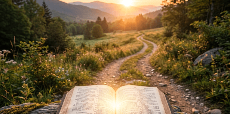 Open Bible on rock with sunlit winding dirt path and mountains in background