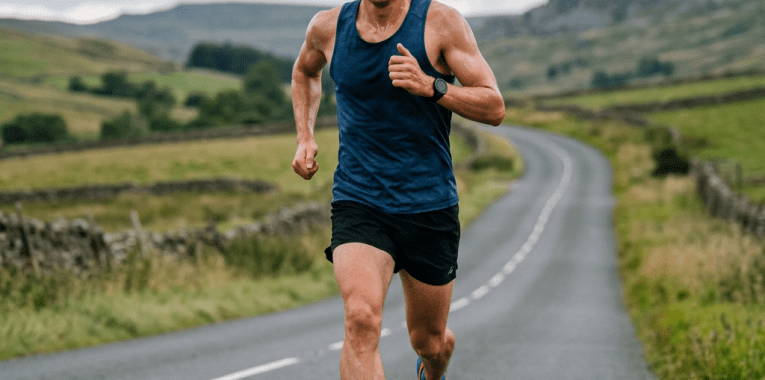 Man running on rural road wearing blue tank top and orange running shoes