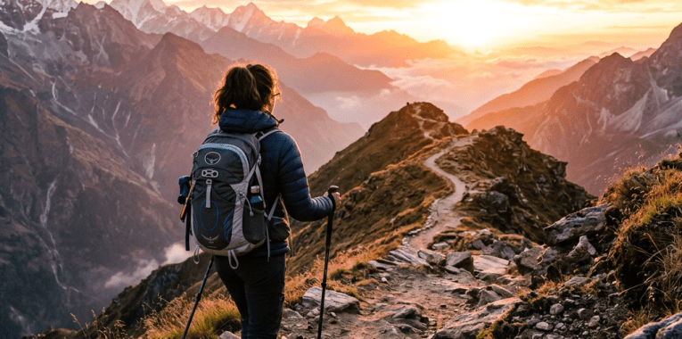 Hiker walking on rocky mountain path towards sunrise with trekking poles
