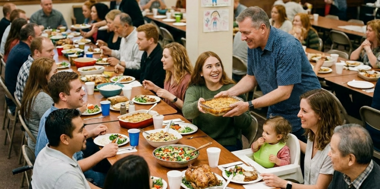 People of various ages and backgrounds sharing a meal at long tables in a church community dining room