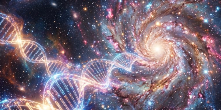 A glowing double helix DNA strand merging into a bright spiral galaxy surrounded by stars