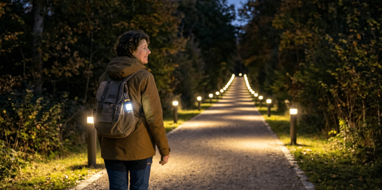 Person walking on a gravel path at dusk surrounded by lit lanterns and trees