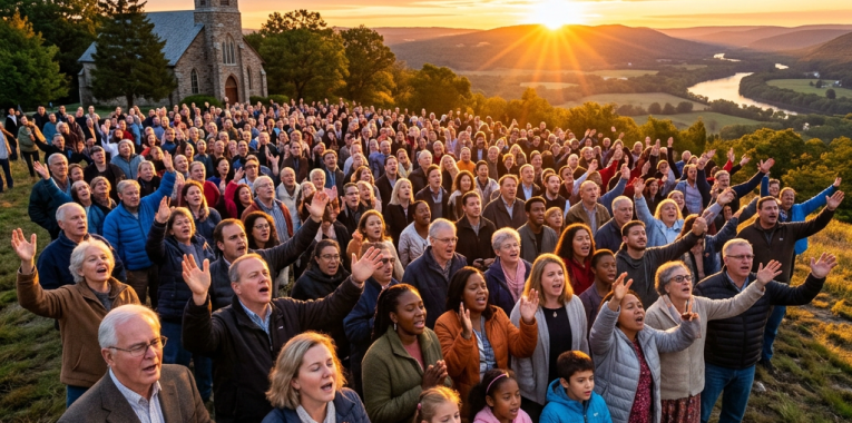 Large group of people gathered outdoors near a church with hands raised worshipping at sunset