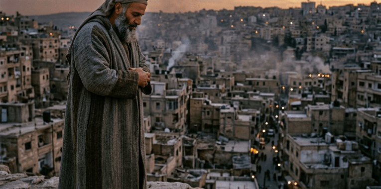 Man in traditional clothing praying on a rug with a cityscape in the background at sunset.