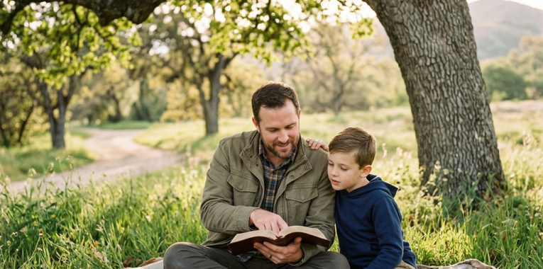 Father and son sitting on blanket under tree reading a book