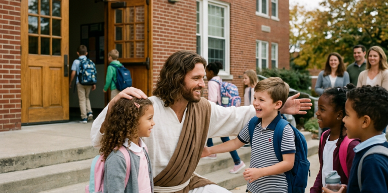 Man dressed as Jesus warmly greeting young children with backpacks outside a school entrance