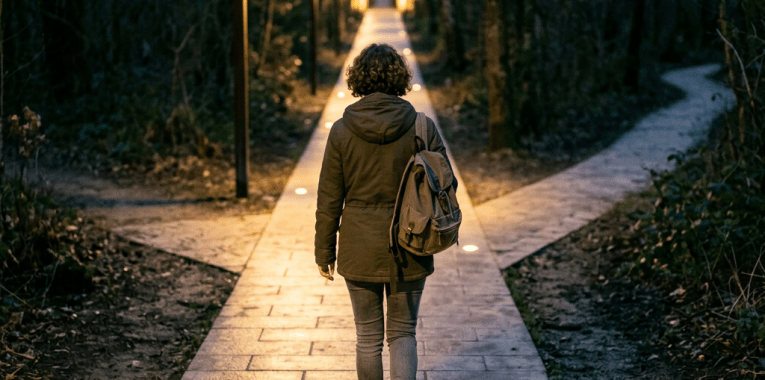 Person walking on illuminated paved path through dark forest in evening