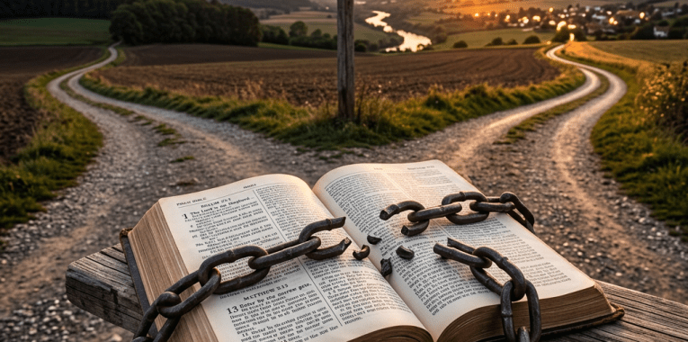 Open Bible with broken chains on wooden table at a rural forked path with sunset