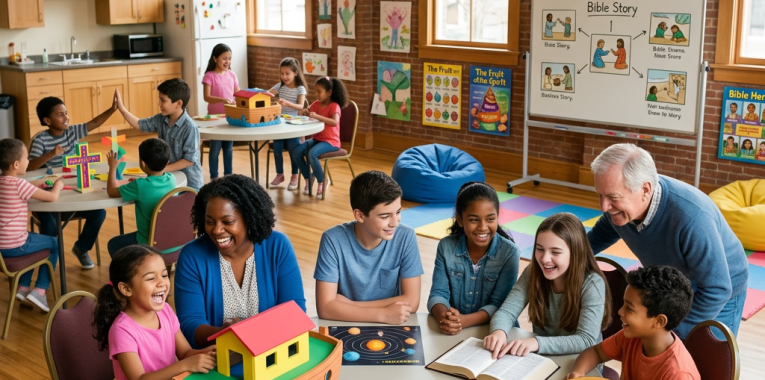 Children and adults participating in a Sunday school activity with crafts, books, and a guitar in a bright room