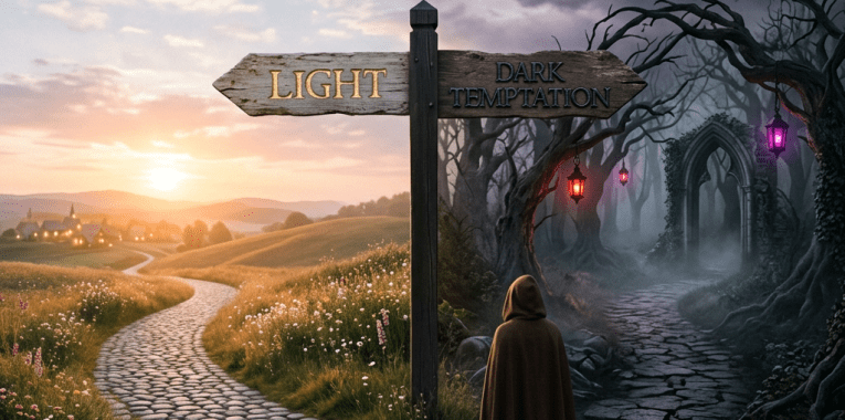 A cloaked figure stands at a signpost pointing to paths labeled Light and Dark Temptation under contrasting skies