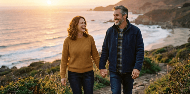 Couple walking hand in hand on a coastal trail at sunset with ocean and hills in background