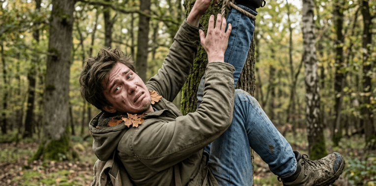 Man tied to tree with rope in dense forest looking distressed