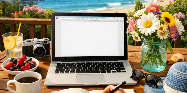 Laptop screen showing 'Summer Blog Ideas...', notebook being written in, beach in background