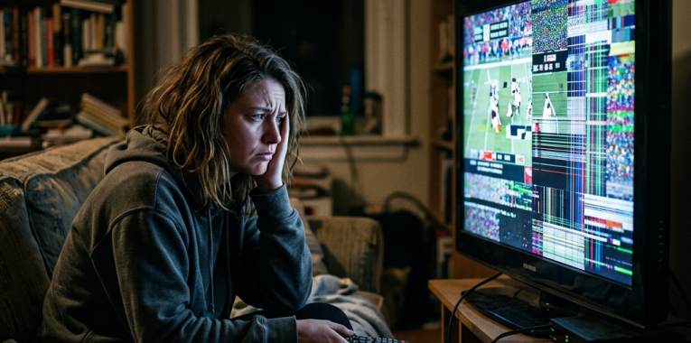 Woman sitting on couch looking frustrated at distorted TV screen showing a sports game with signal interference