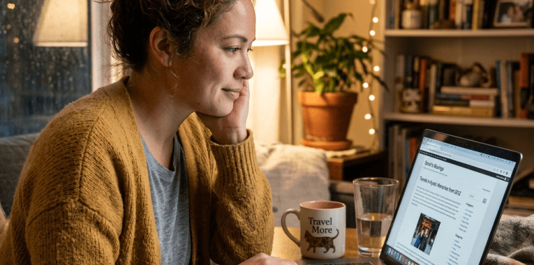 Woman using laptop at a cozy desk with notebook, mug, and sleeping cat