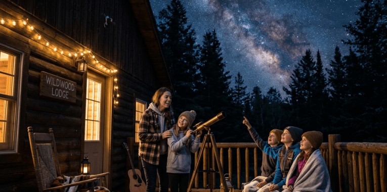 Family using telescope outside cabin at night under star-filled sky