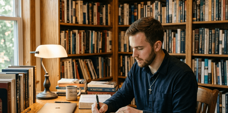 Man writing notes at desk in home library surrounded by books