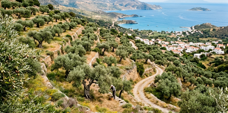 Terraced olive grove on hillside with person harvesting olives near a coastal village