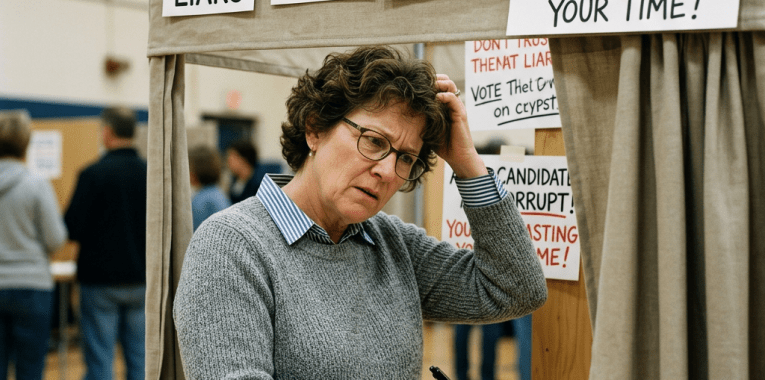 Woman voting at a polling booth with multiple negative campaign signs